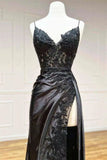 Black Spaghetti Straps Lace Applique Prom Dress With High HZ0307