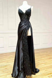 Black Spaghetti Straps Lace Applique Prom Dress With High HZ0307