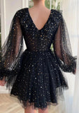Black V-Neck Starry Tulle Homecoming Dresses A-Line Mini Party Gown, HZ0307