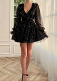 Black V-Neck Starry Tulle Homecoming Dresses A-Line Mini Party Gown, HZ0307