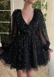Black V-Neck Starry Tulle Homecoming Dresses A-Line Mini Party Gown, HZ0307