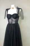 Black Lace Corset Tulle A-line Long Prom HZ0307