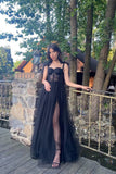 Black Lace Corset Tulle A-line Long Prom HZ0307
