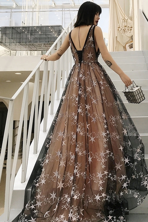 Black Stars Tulle A-line Long Formal HZ0307