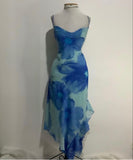 Blue Floral Chiffon Spaghetti Straps Homecoming HZ0307