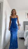 Blue Floral Mermaid Prom Dresses Spaghetti Straps Long Evening Party HZ0307