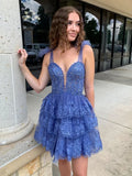 Blue Homecoming Dresses, Lace Mini Party Dresses, Ruffles Homecoming Queen Dress, HZ0307