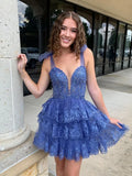 Blue Homecoming Dresses, Lace Mini Party Dresses, Ruffles Homecoming Queen Dress, HZ0307