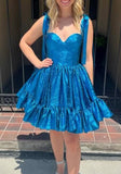 Blue Sequin Homecoming Dresses A-Line Sweetheart Mini Hoco Dress, HZ0307