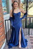 Blue Strapless Long Prom Dresses Sleeveless Mermaid Evening Dresses With Split, HZ0307