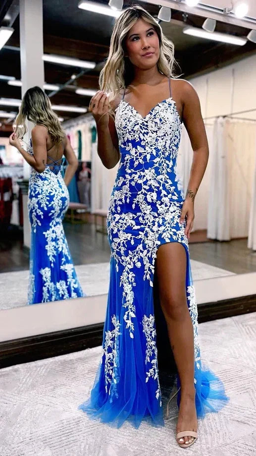 Blue Appliques Mermaid Prom Dresses Split Tulle Evening Graduation HZ0307