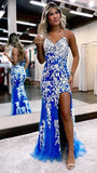 Blue Appliques Mermaid Prom Dresses Split Tulle Evening Graduation HZ0307