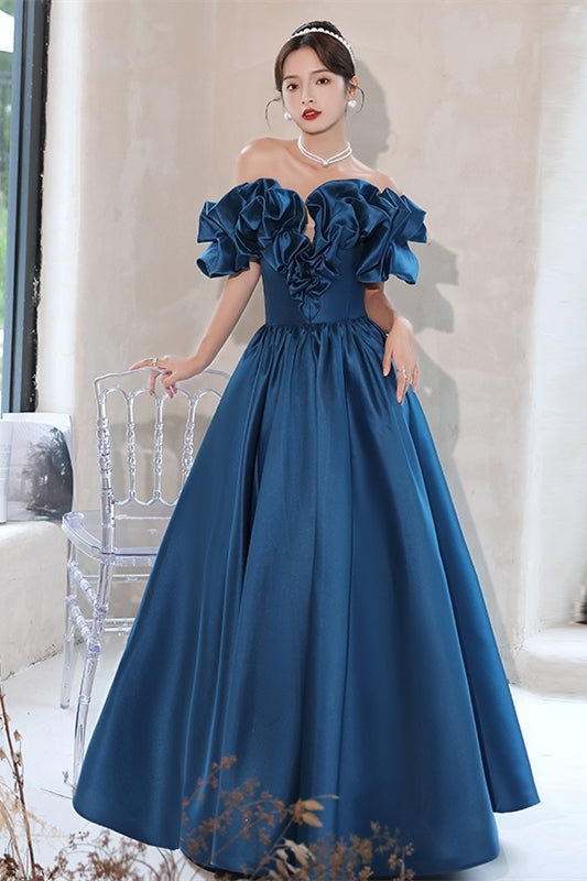 Blue Off the Shoulder A-line Satin Long Formal HZ0307