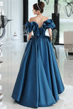 Blue Off the Shoulder A-line Satin Long Formal HZ0307