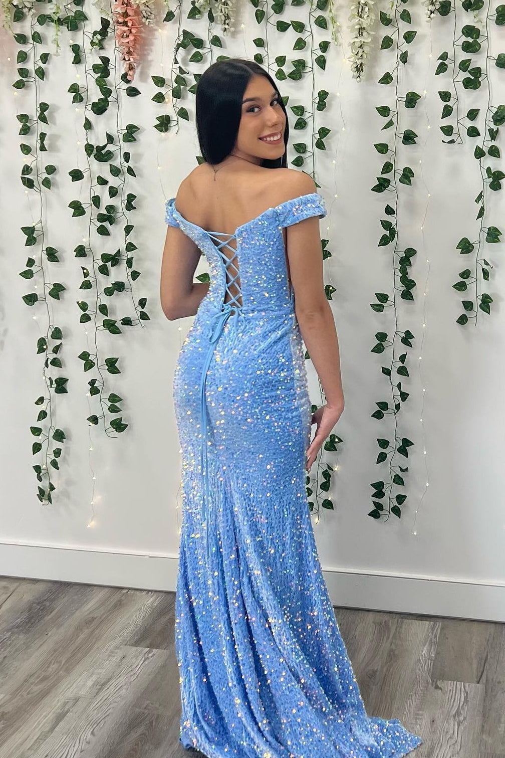 Blue Sequin Off the Shoulder Twist Slit Mermaid Long Formal HZ0307