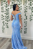 Blue Sequin Off the Shoulder Twist Slit Mermaid Long Formal HZ0307