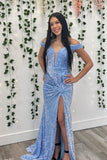 Blue Sequin Off the Shoulder Twist Slit Mermaid Long Formal HZ0307