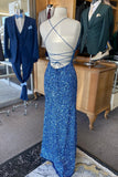 Blue Sequin V Neck Mermaid Long Prom HZ0307
