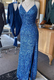 Blue Sequin V Neck Mermaid Long Prom HZ0307