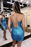 Blue Sequined Homecoming Dresses Spaghetti Straps Mini Party Gown, HZ0307