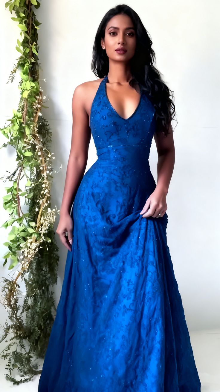 Purple Lace Halter Prom Dress Long V-Neck Evening Gown Formal Party HZ0307