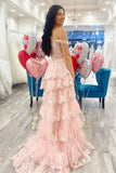 Blush Pink Off The Shoulder Sequin Lace Ruffle Prom HZ0307