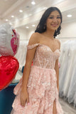 Blush Pink Off The Shoulder Sequin Lace Ruffle Prom HZ0307