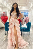 Blush Pink Off The Shoulder Sequin Lace Ruffle Prom HZ0307