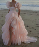 Blush Pink Organza Split Evening Prom HZ0307