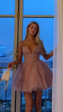 Blush Pink Tulle Homecoming Dresses Spaghetti Straps A-line Graduation Dress Short Prom HZ0307