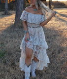 Boho Style Dusty White Lace Party Dress Off The Shoulder Prom Hoco Dress, HZ0307