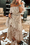 Boho Style Dusty White Lace Party Dress Off The Shoulder Prom Hoco Dress, HZ0307