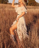 Boho Style Dusty White Lace Party Dress Off The Shoulder Prom Hoco Dress, HZ0307