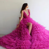 LTP1746,Hot Pink Tulle Layers Prom Dress, V-Neck A Line Evening Dress, Long School Dance HZ0307