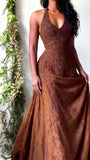 Purple Lace Halter Prom Dress Long V-Neck Evening Gown Formal Party HZ0307