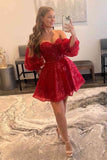 Bubble Sleeves Lace Beaded Homecoming Dresses Sweetheart A-Line Graduation Dresses, HZ0307