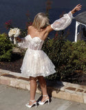 Bubble Sleeves Lace Beaded Homecoming Dresses Sweetheart A-Line Graduation Dresses, HZ0307