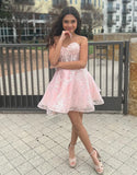 Bubble Sleeves Lace Beaded Homecoming Dresses Sweetheart A-Line Graduation Dresses, HZ0307
