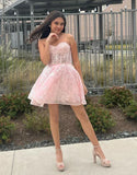 Bubble Sleeves Lace Beaded Homecoming Dresses Sweetheart A-Line Graduation Dresses, HZ0307