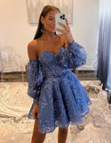 Bubble Sleeves Lace Beaded Homecoming Dresses Sweetheart A-Line Graduation Dresses, HZ0307