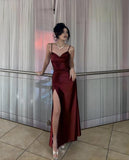 Burugndy Spaghetti Straps Long Prom Dress With Side HZ0307
