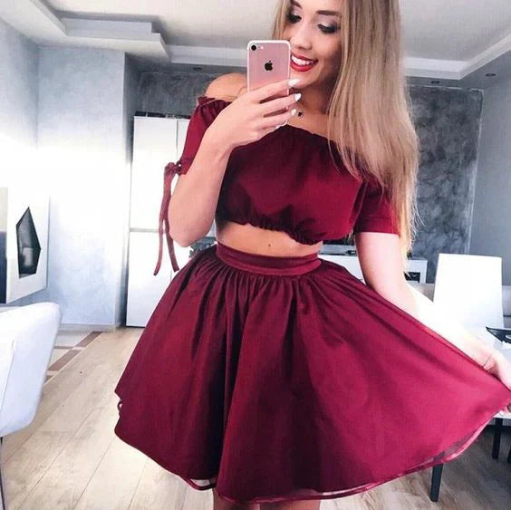 LTP1340,Two Pieces Burgundy Homecoming Dresses Satin Graduation HZ0307