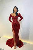 LTP1356,Burgundy Long Sleeves Mermaid Evening Dress Sequins With HZ0307