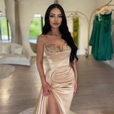 Champagne Sweetheart Satin Long Prom Dresses With High HZ0307
