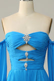 Blue A-Line Chiffon Pleated Split Long Party Prom HZ0307