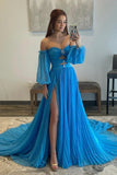 Blue A-Line Chiffon Pleated Split Long Party Prom HZ0307