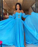 Blue A-Line Chiffon Pleated Split Long Party Prom HZ0307