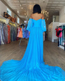 Blue A-Line Chiffon Pleated Split Long Party Prom HZ0307