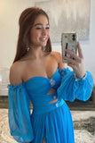 Blue A-Line Chiffon Pleated Split Long Party Prom HZ0307