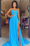 Blue A-Line Chiffon Pleated Split Long Party Prom HZ0307
